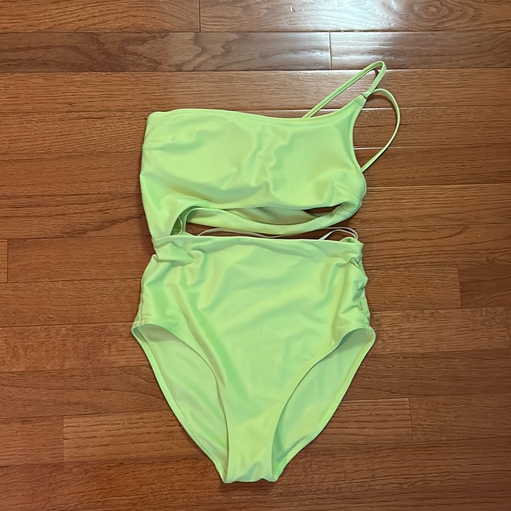 Aerie - neon green asymmetrical swim suit XS